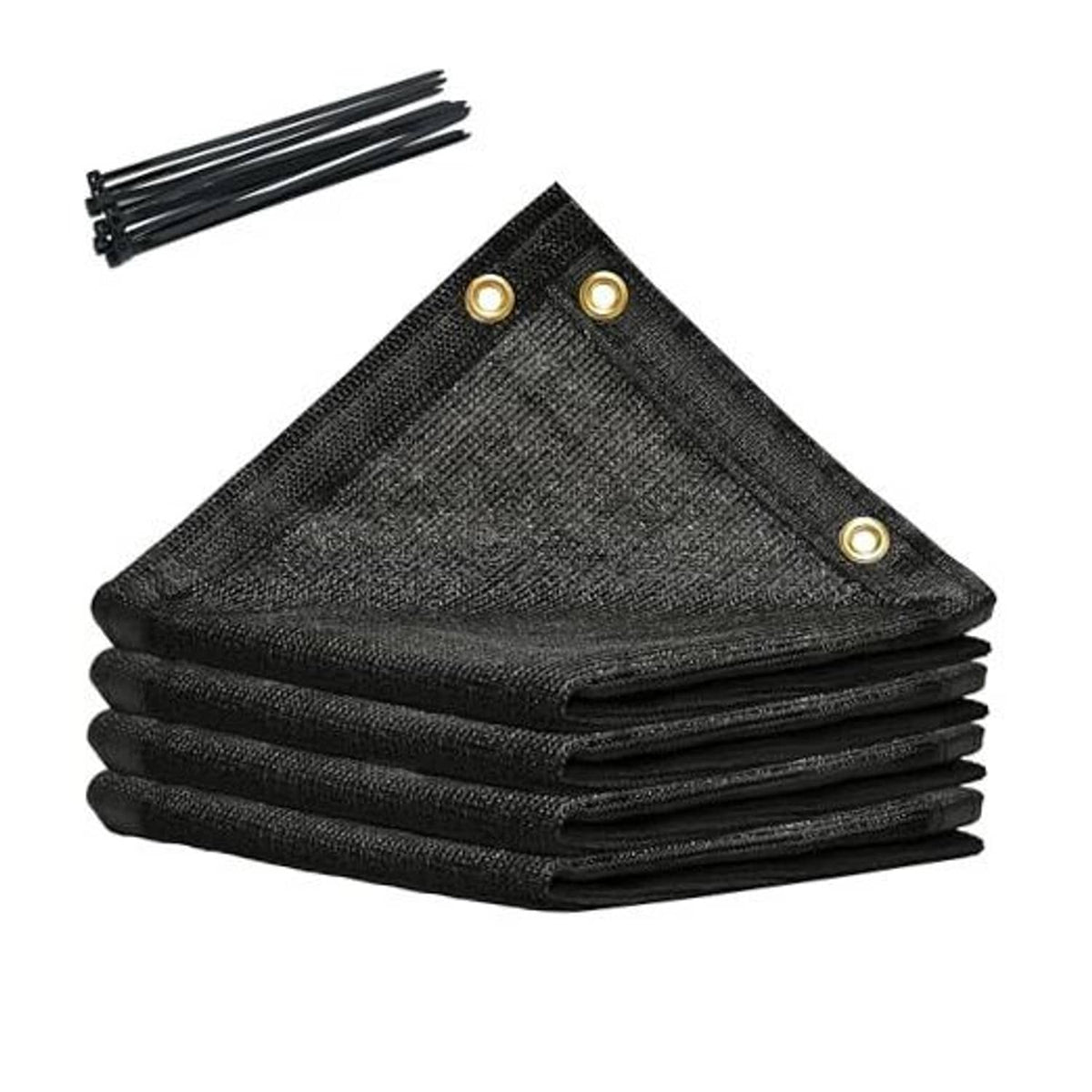 Black shade cloth tarp bundle, folded panels with reinforced corner grommets and ties