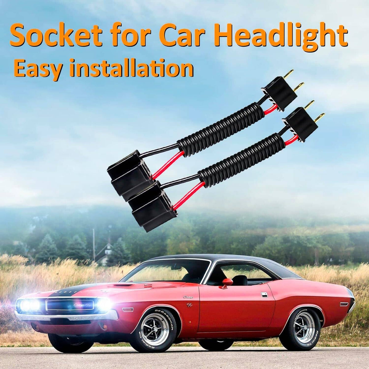 Pair of headlight wiring adapter cables with black housings and red conductors