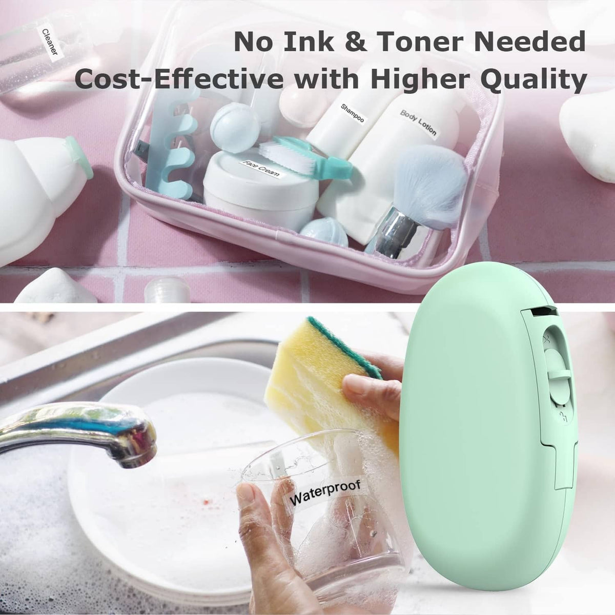 Mint-green label maker near water use, shown for waterproof applications