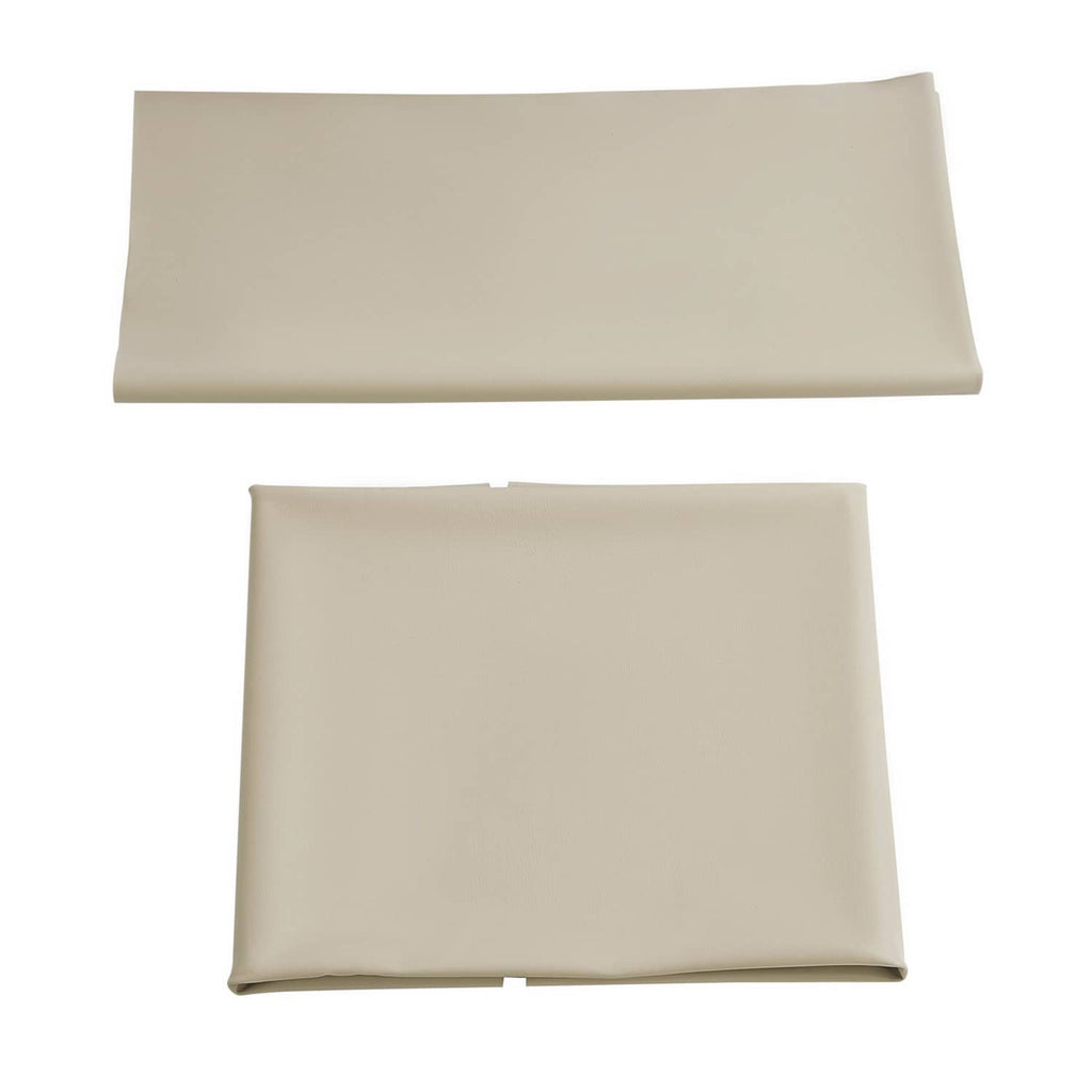Tan seat cushion and seat back covers with corners and attachment tabs visible.