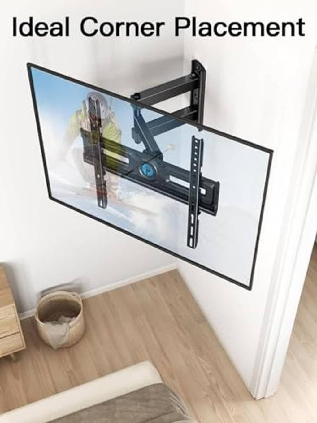 Black full-motion TV wall mount for corner placement with angled viewing