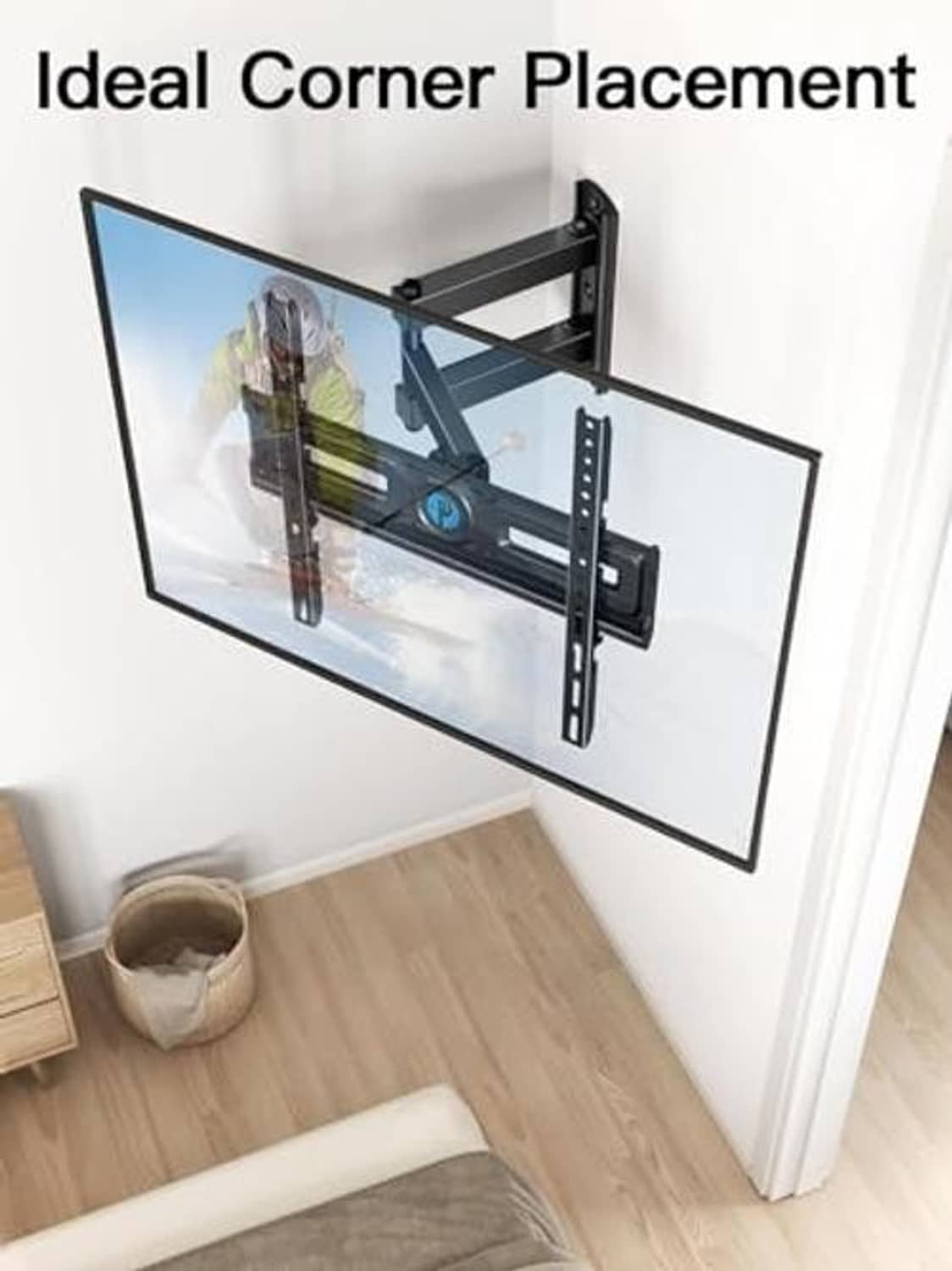 Black full-motion TV wall mount for corner placement with angled viewing
