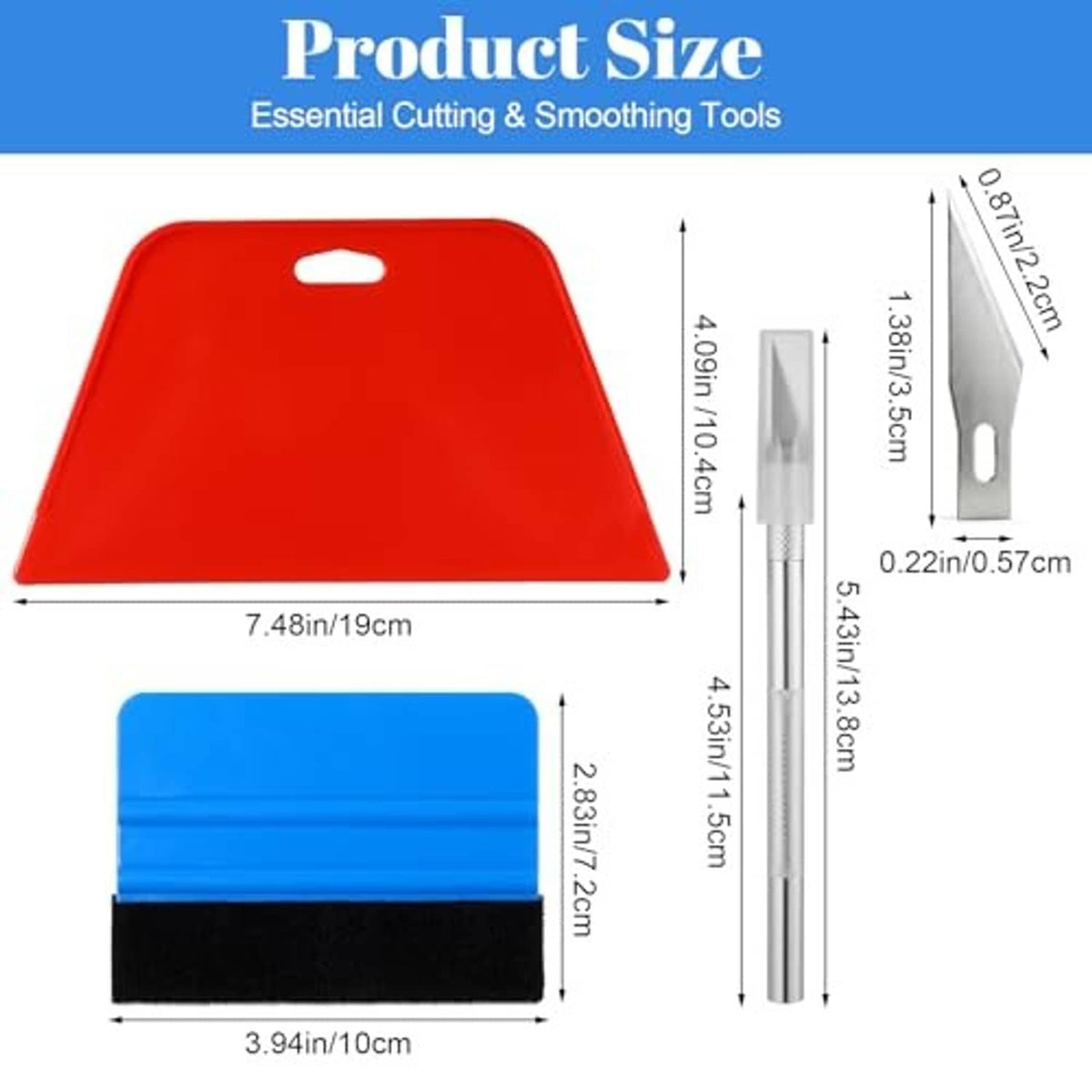 Vinyl wrap cutting and smoothing kit: red scraper, blue felt block, silver handle blades