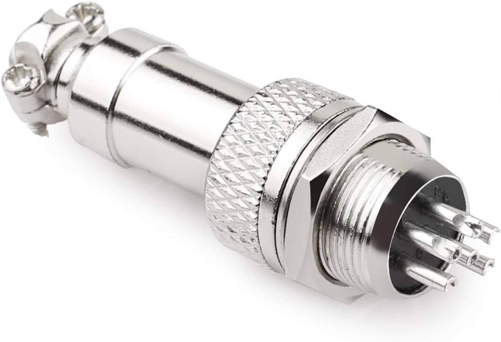 Metal circular male connector adapter close-up with knurled grip, threaded contacts, silver body