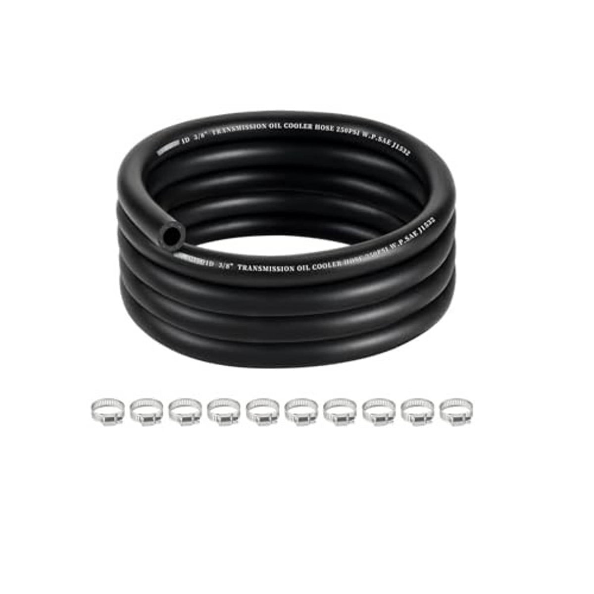 Black transmission cooler hose coil, 3/8 in ID, 10 ft loop with multiple clamps
