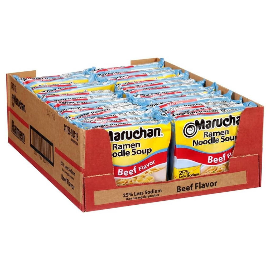 Maruchan ramen noodle soup, beef flavor, 25% less sodium, 24-count box