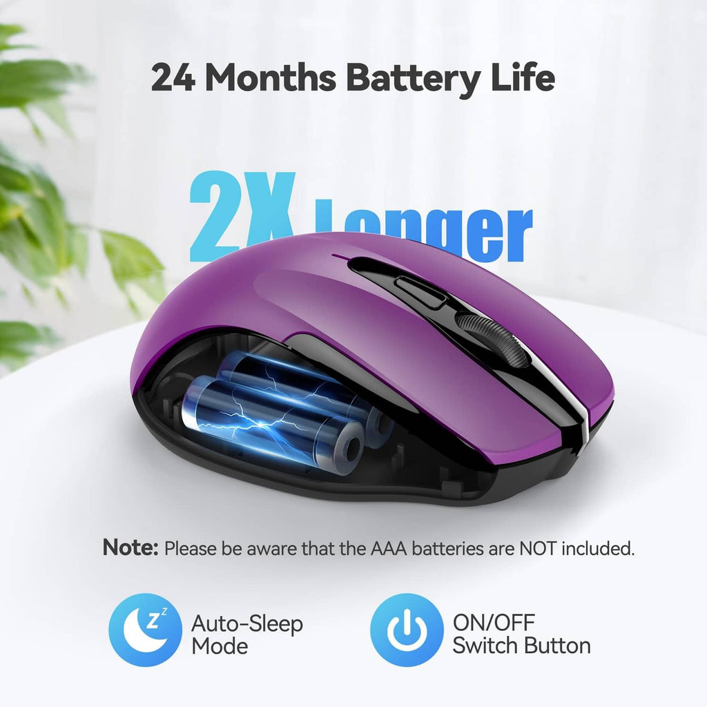 Purple and black ergonomic optical wireless mouse with under-top sensor view