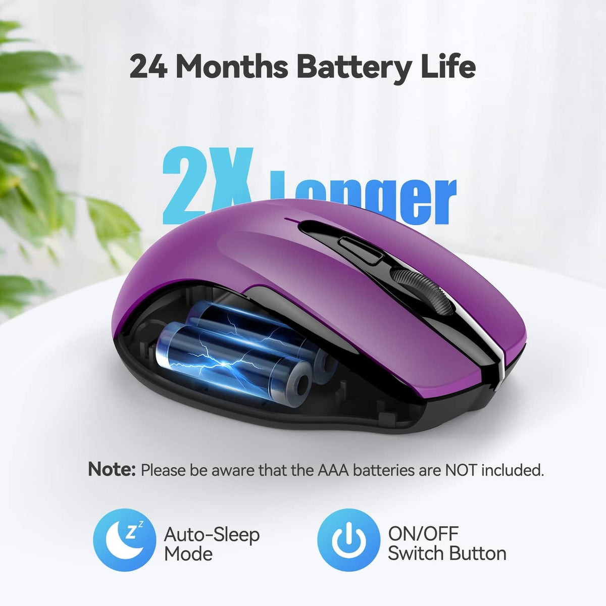 Purple and black ergonomic optical wireless mouse with under-top sensor view