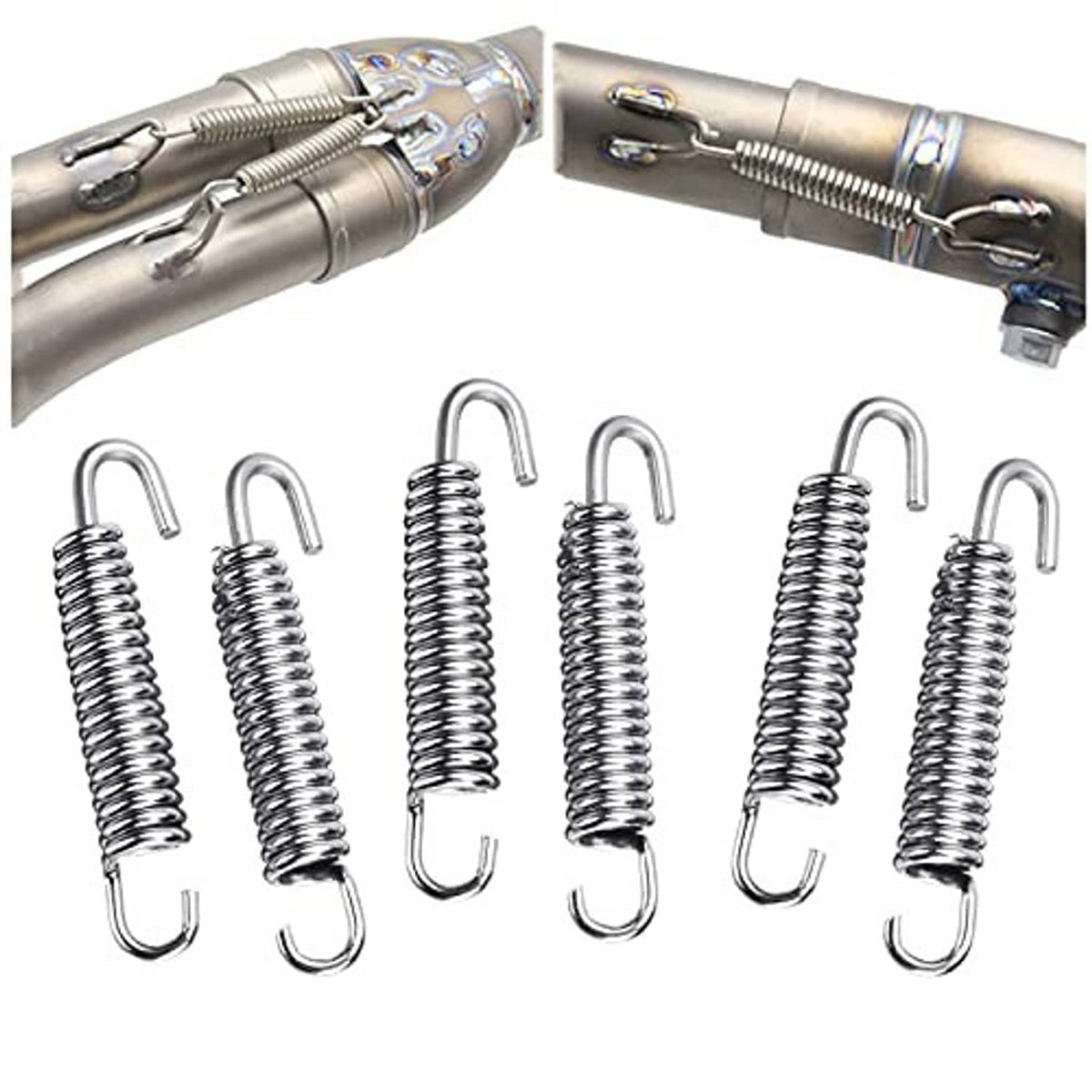 Six chrome coil exhaust springs with U-shaped retaining hooks for motorcycle pipes