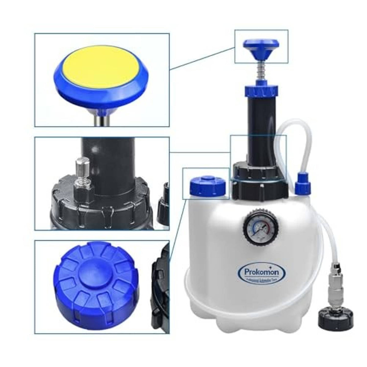 Brake bleeder pump with blue cap and yellow fluid top, plus cylinder adapters