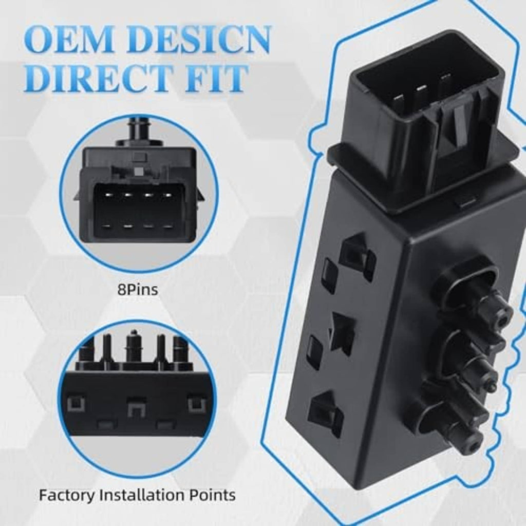 Black power seat switch with OEM-style connector and multi-post top for direct fit