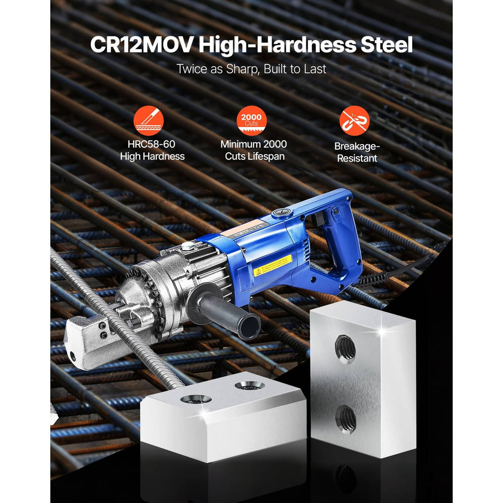 Rebar cutter blades with threaded holes, shown with a blue rebar cutting tool.