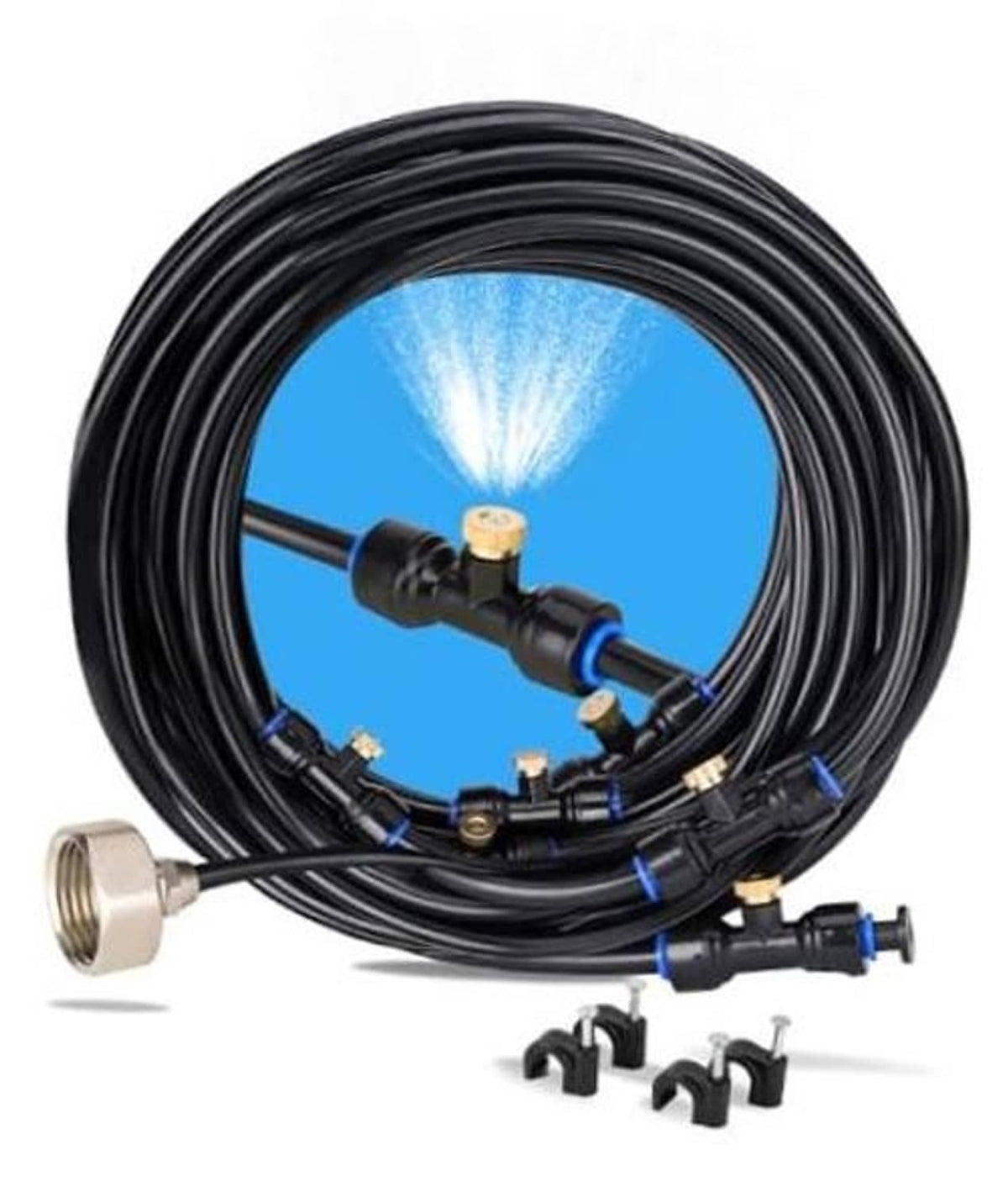 26 ft misting hose kit with black tubing and brass mist nozzles, 7-spray set