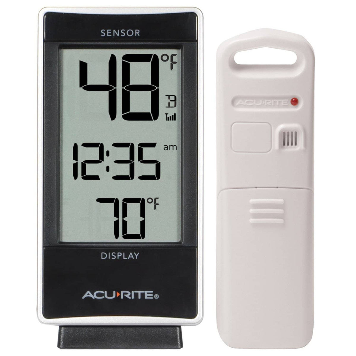 White digital thermometer display with remote sensor unit beside it