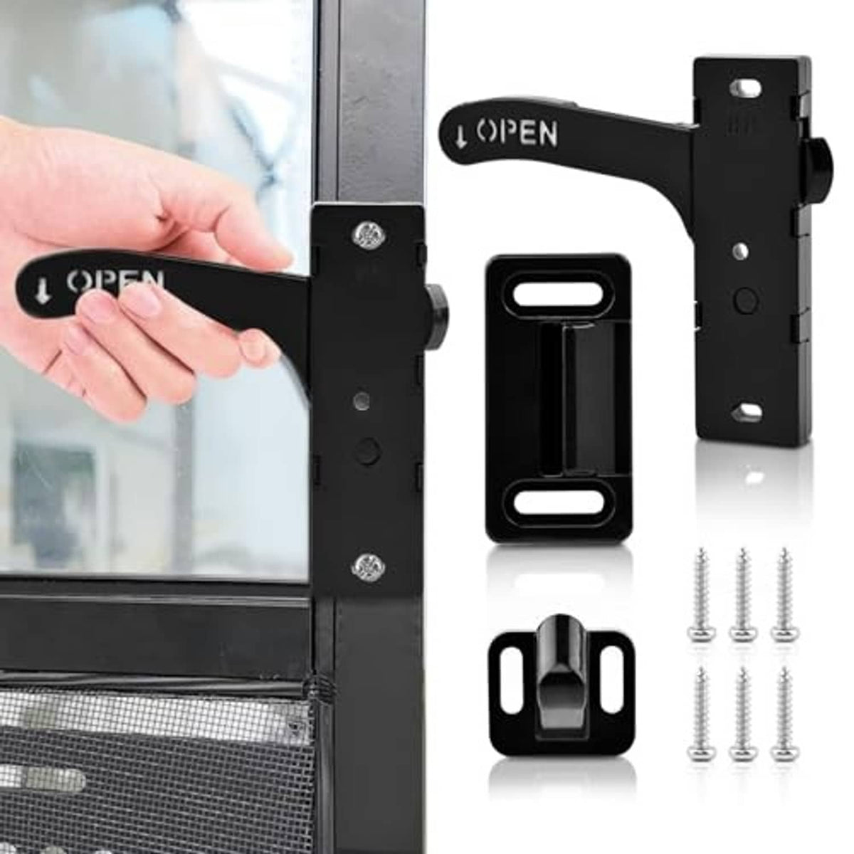Black left-hand RV screen door latch replacement kit with open handle, bracket, and screws