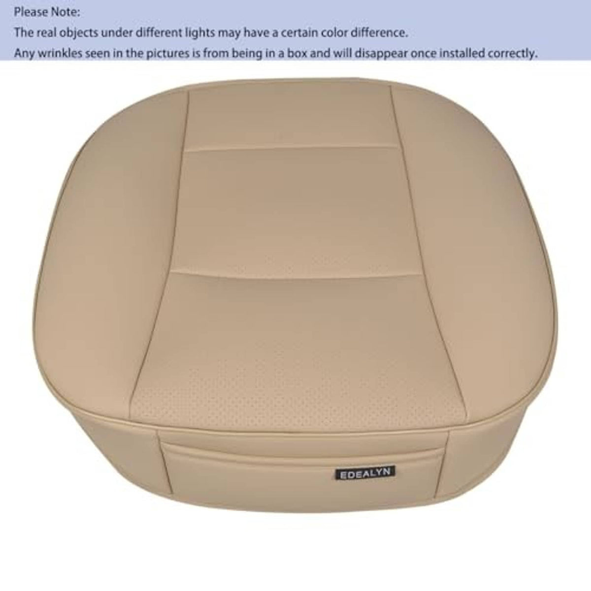 Beige PU leather front seat cover with centered backrest section and IDEALYN patch