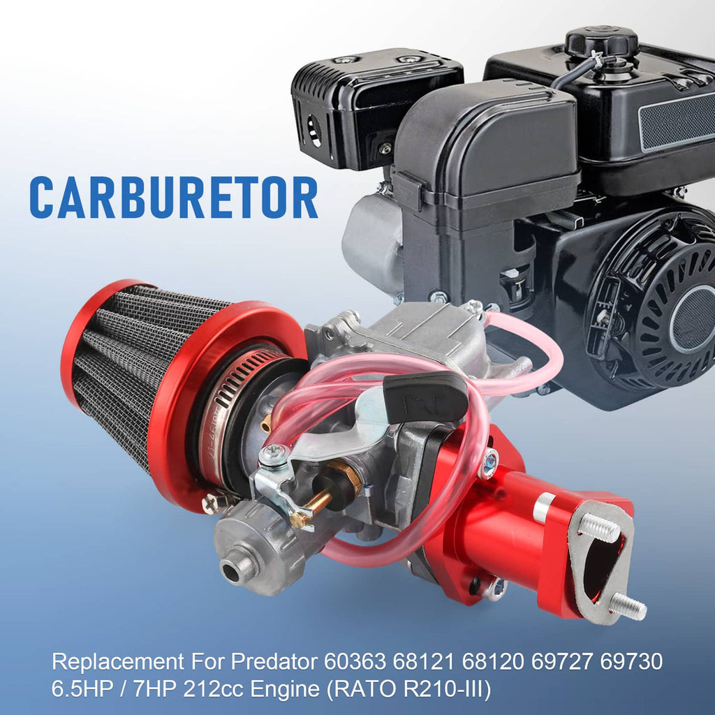 Carburetor with red air filter and red manifold on a small gas engine