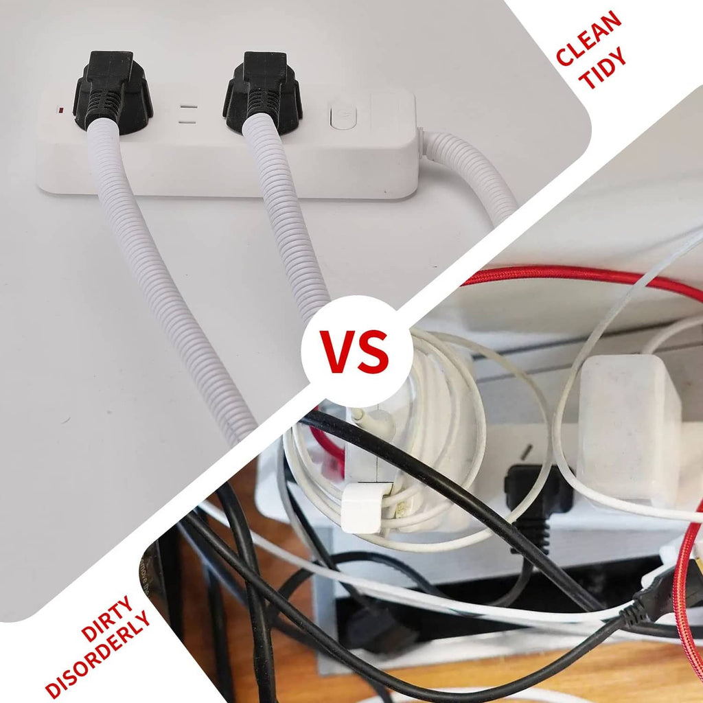 White corrugated cord protector with black plug adapters and mounting clips