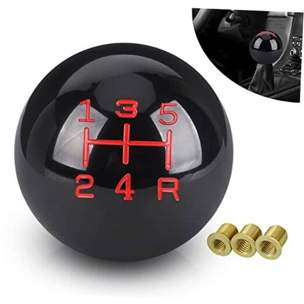 Black round 5-speed resin gear shift knob with red 1–5 and R markings and glossy face