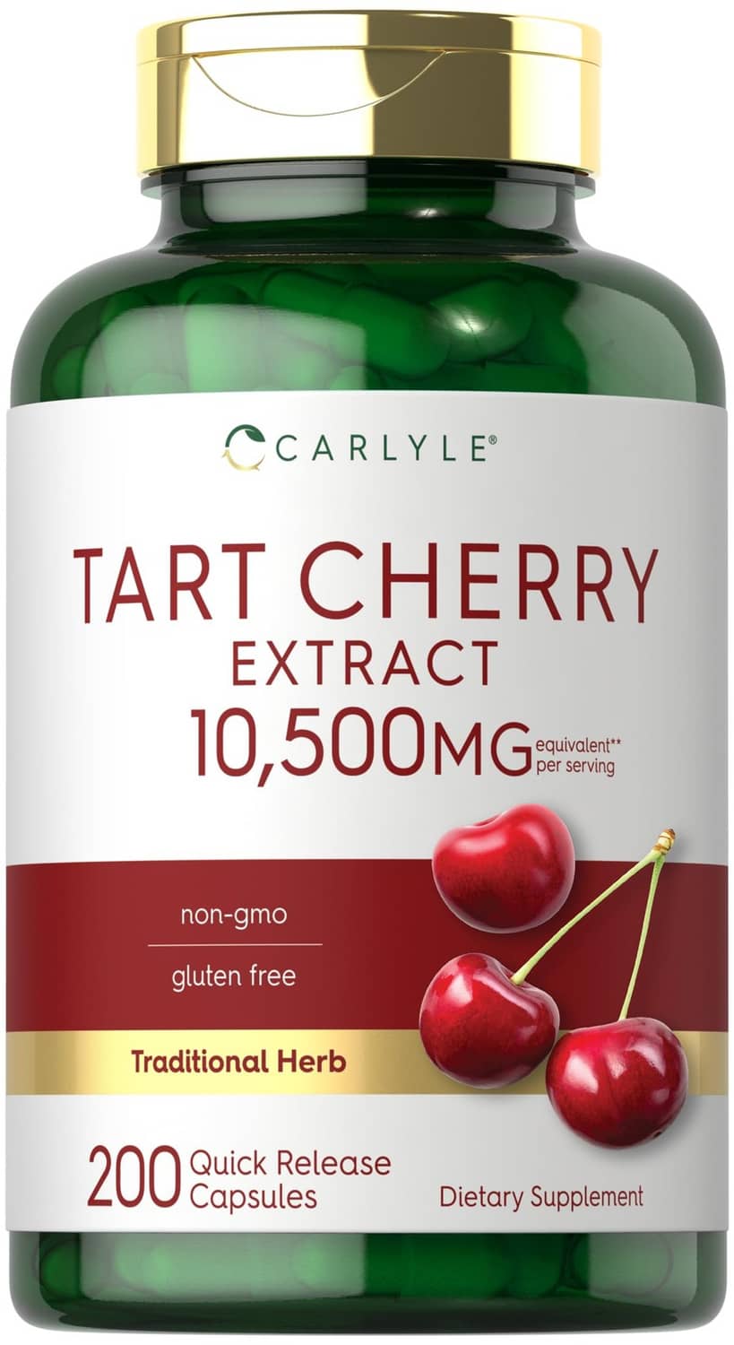 Carlyle tart cherry extract 10,500mg capsules bottle with gold cap and red cherry graphics