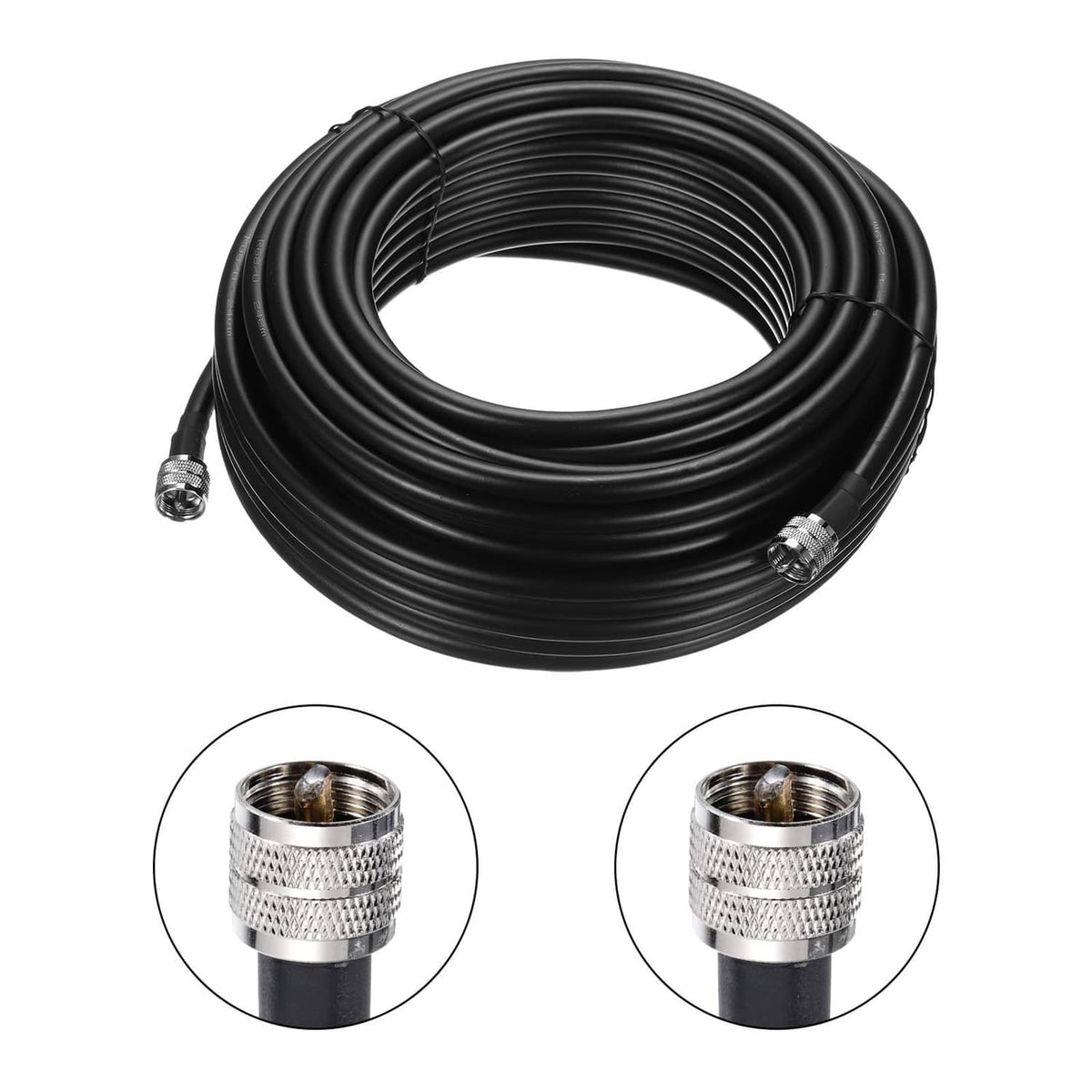 Black coax cable coil with PL-259 male connectors, plus connector close-up details