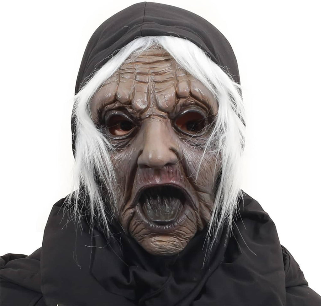 Aged face mask with pale wrinkled skin, white wig, black hood, snarling expression