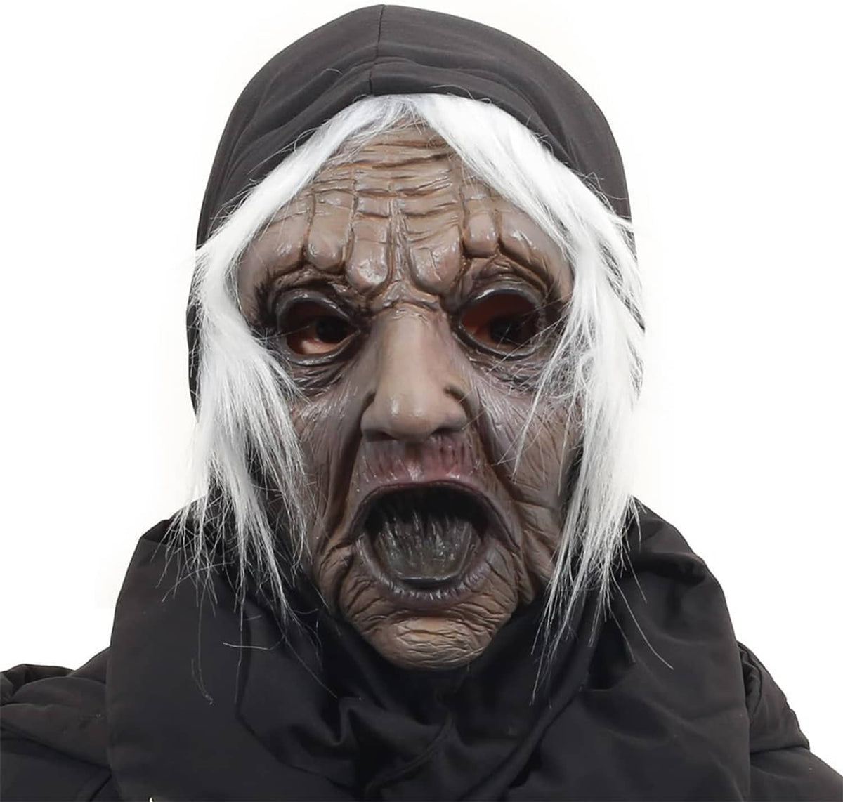 Aged face mask with pale wrinkled skin, white wig, black hood, snarling expression