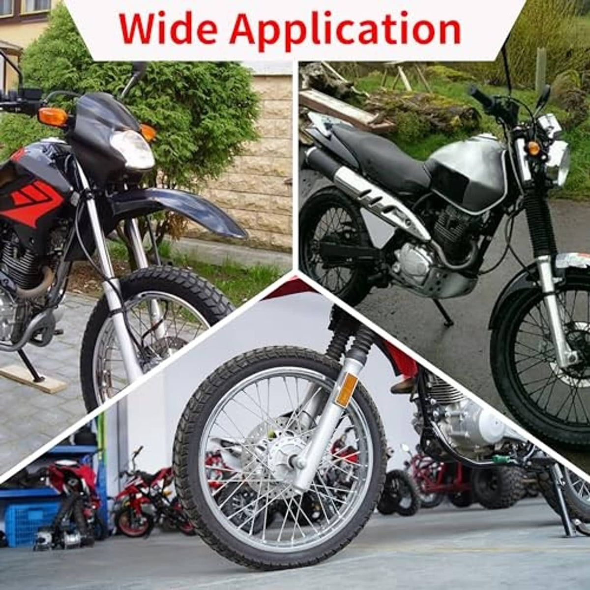 Motorcycle wheels shown with inner tubes for wide use, black tubes with blue stripe
