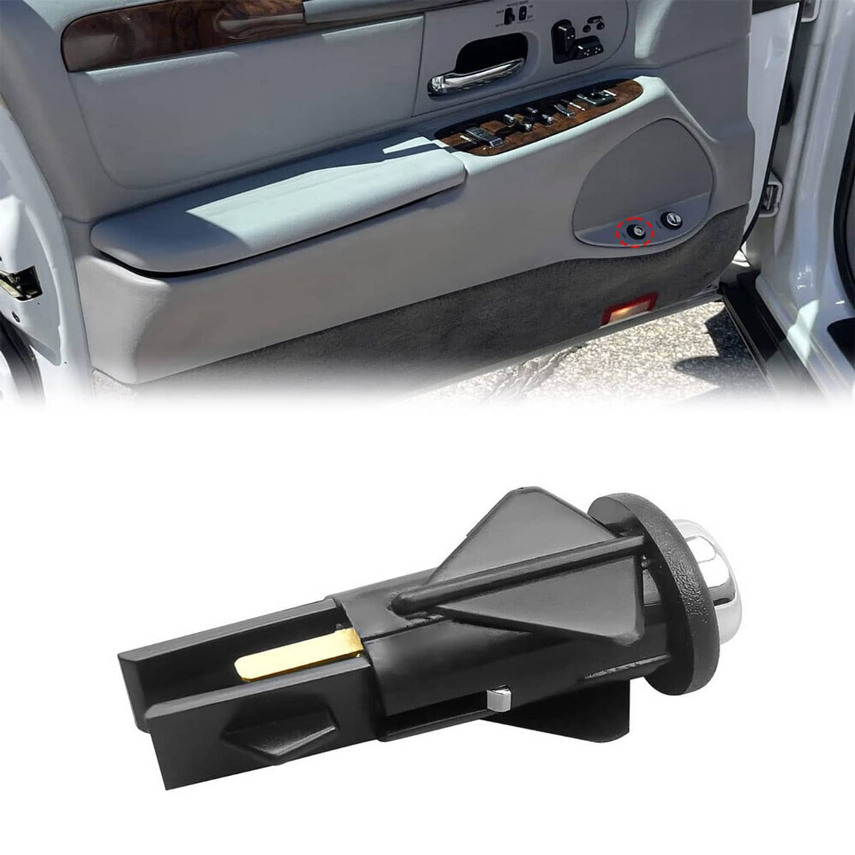 Black fuel door release switch with chrome round face, close-up