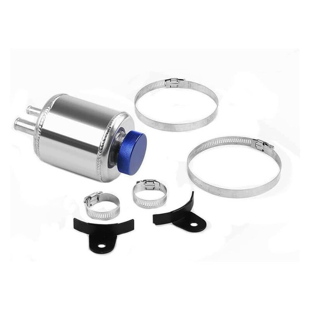 Aluminum power steering fluid reservoir tank with blue cap plus metal clamps and brackets