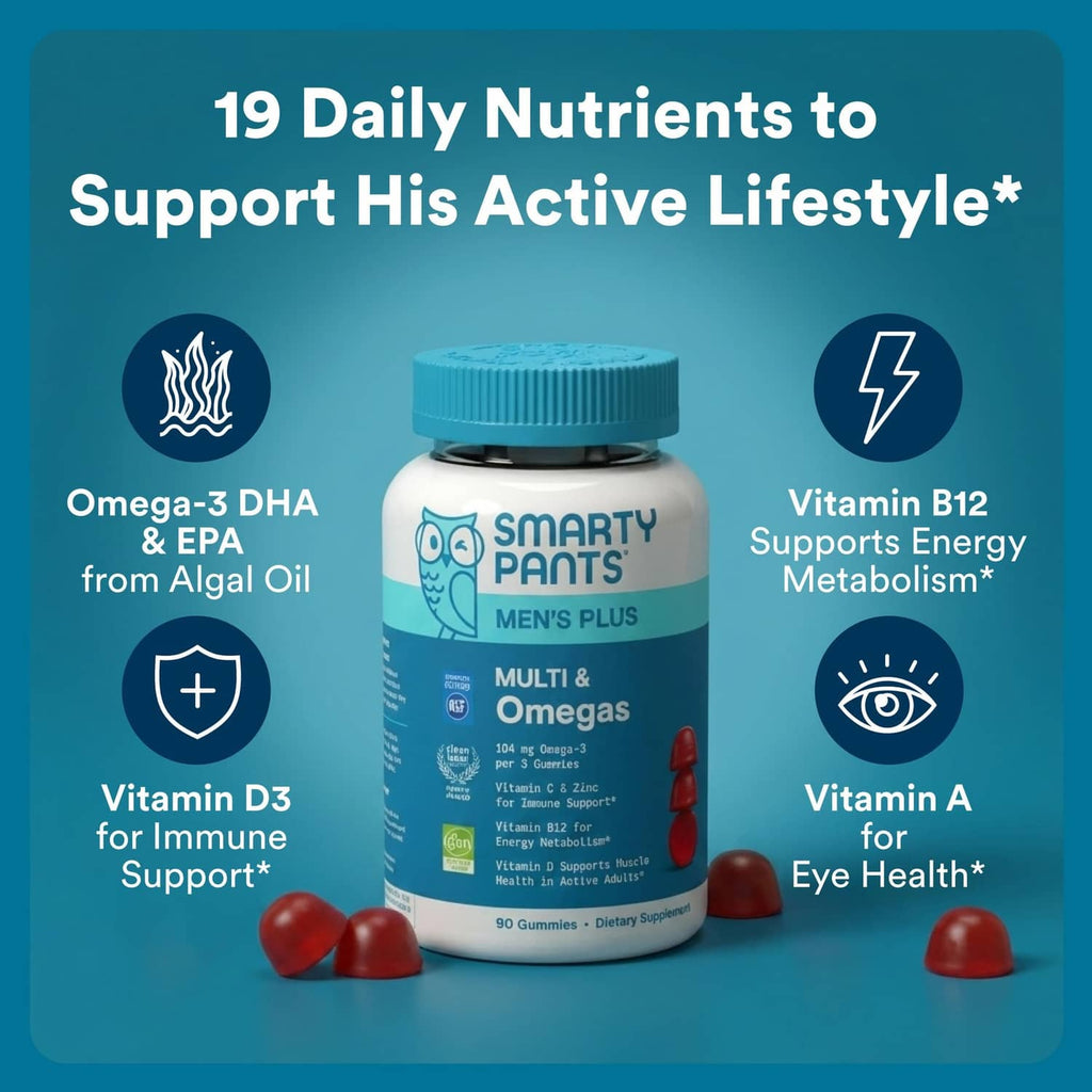 SmartyPants Men's Plus Multi & Omegas bottle with blue cap and red gummy pieces