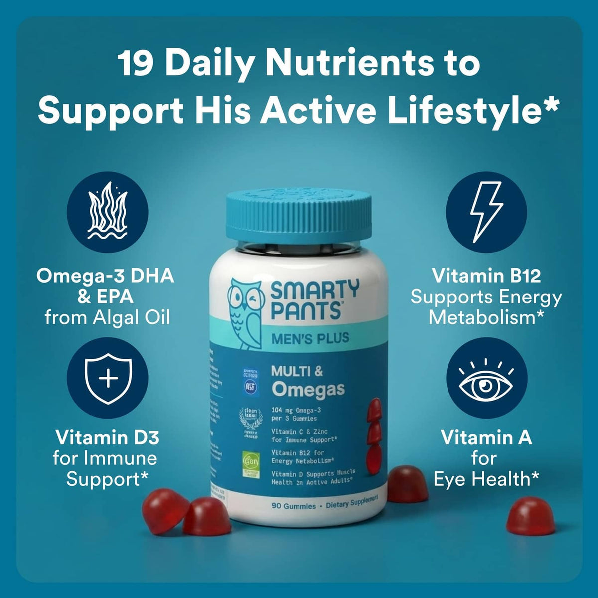 SmartyPants Men's Plus Multi & Omegas bottle with blue cap and red gummy pieces