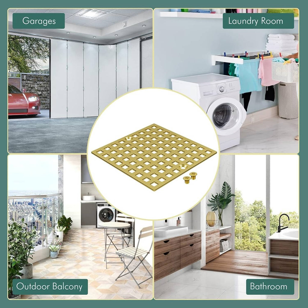 Square brushed gold shower drain cover with uniform grid of openings