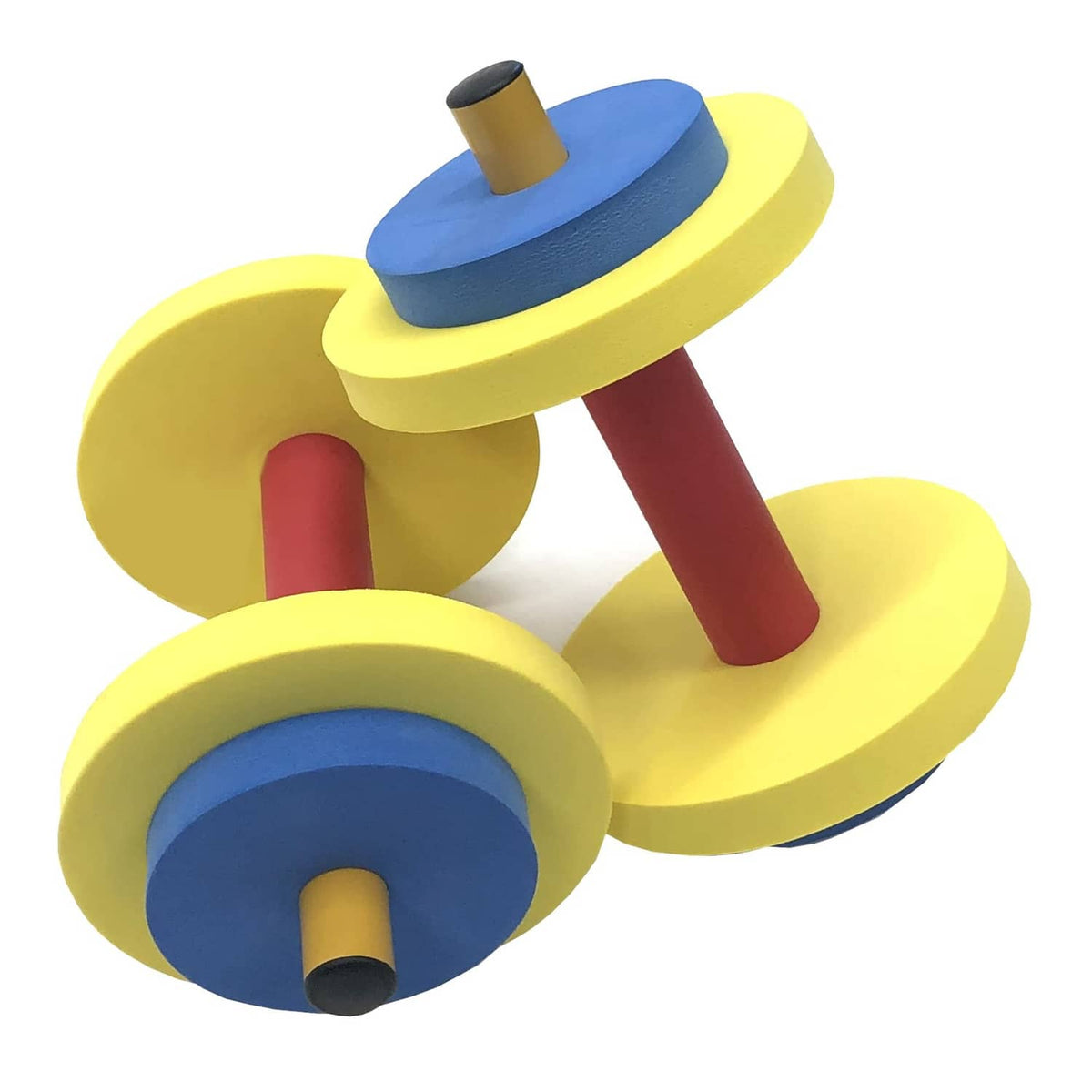 Colorful foam dumbbells for kids with yellow, blue, and red weights