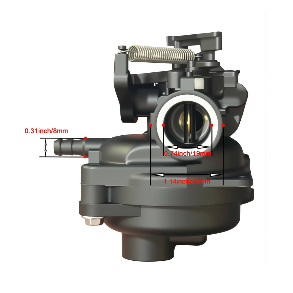 Carburetor replacement with red dimension arrows on dark housing and intake opening