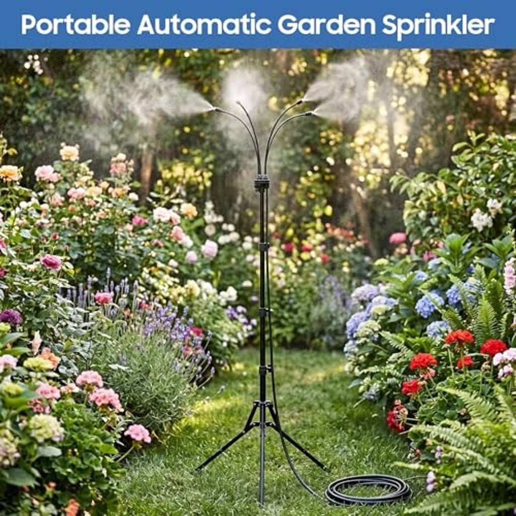 Portable standing garden misting sprinkler tripod spraying over flower beds