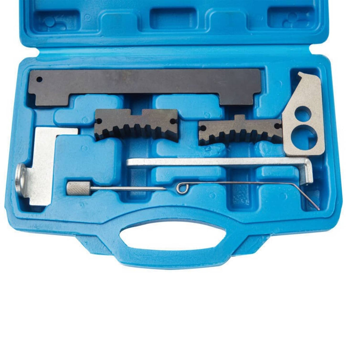 Camshaft locking and alignment tools arranged in blue case tray
