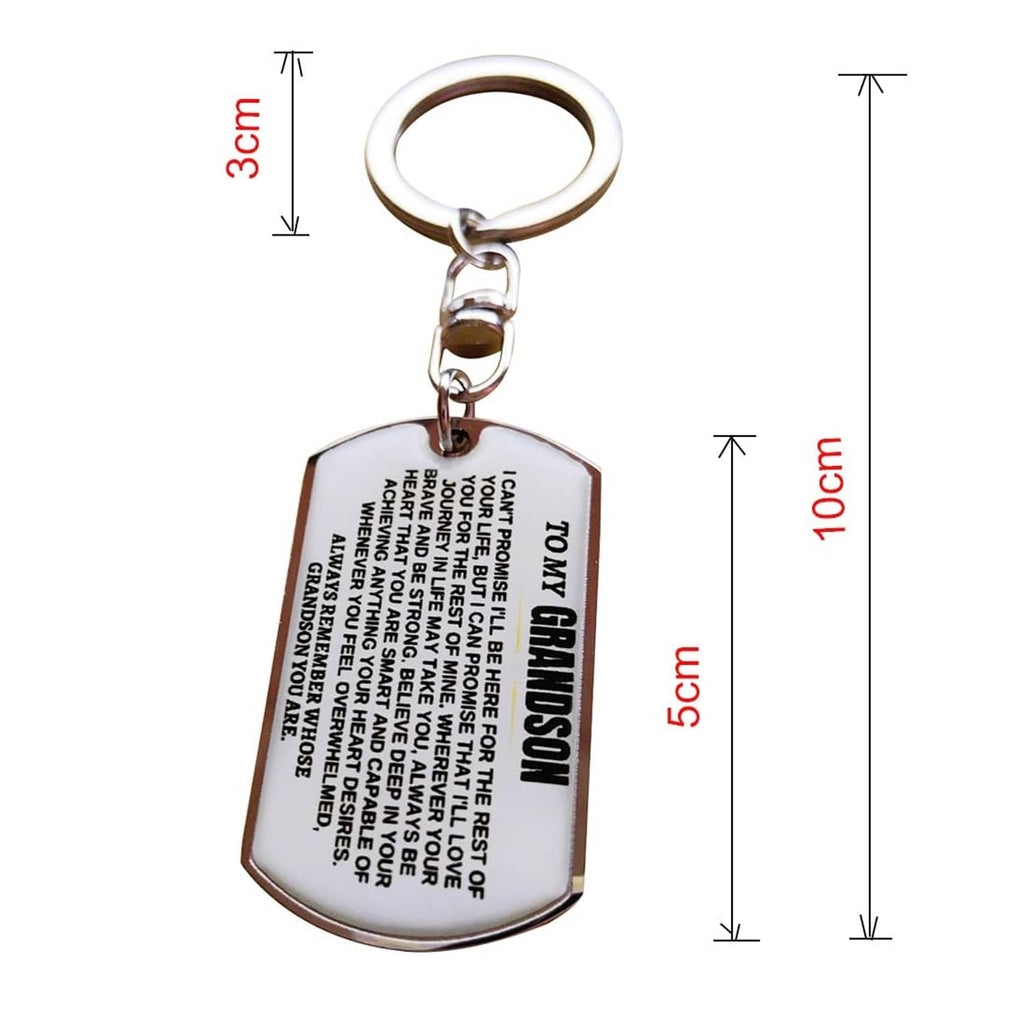 Silver dog-tag keychain with keyring; shown size 10 cm x 5 cm