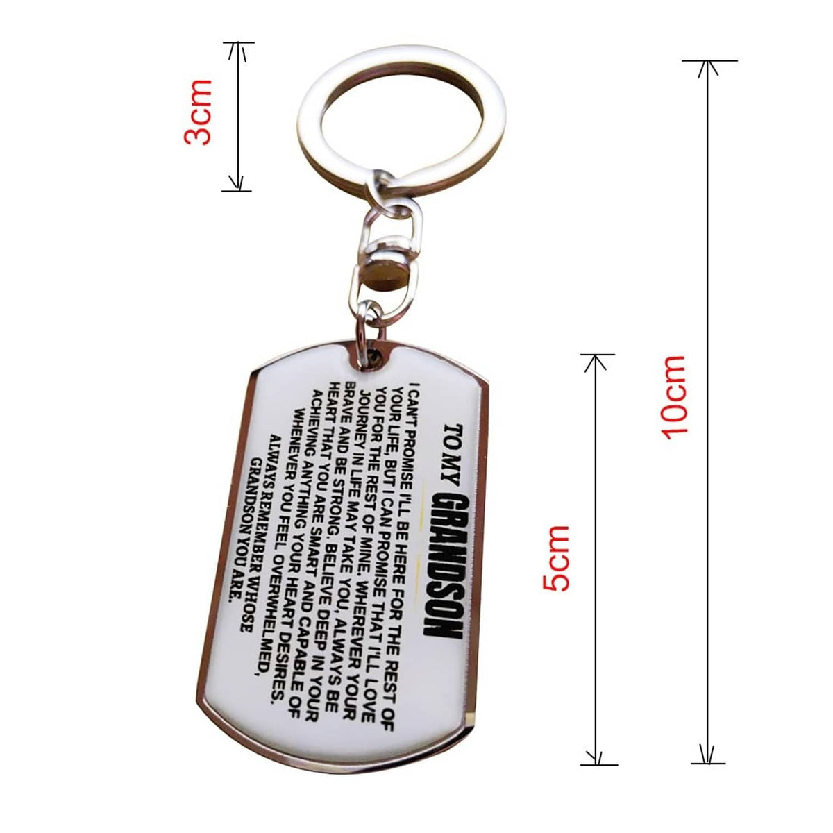 Silver dog-tag keychain with keyring; shown size 10 cm x 5 cm