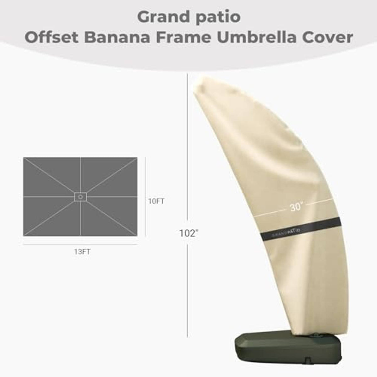 Cream offset umbrella cover with dark band, shown for 10x13 ft size