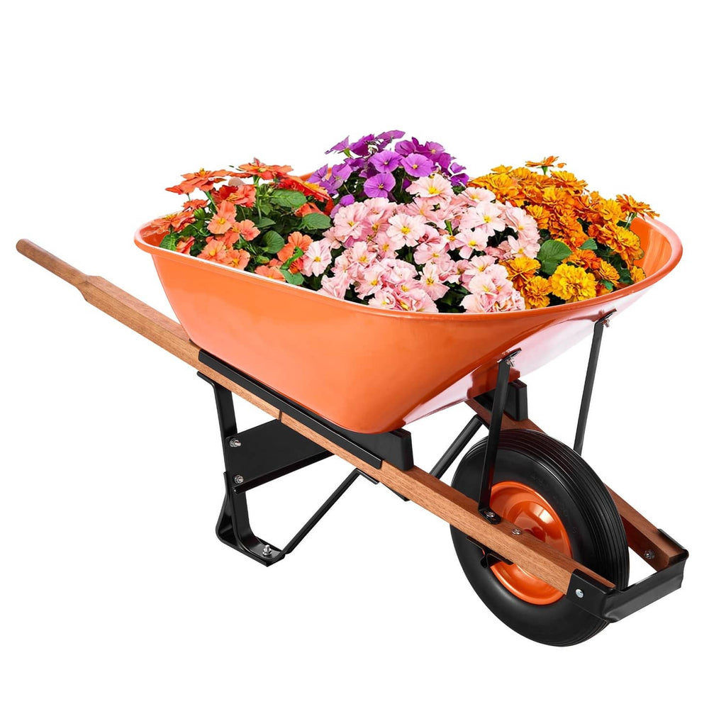 Orange garden cart loaded with flowers, one wheel, black frame, wooden handles