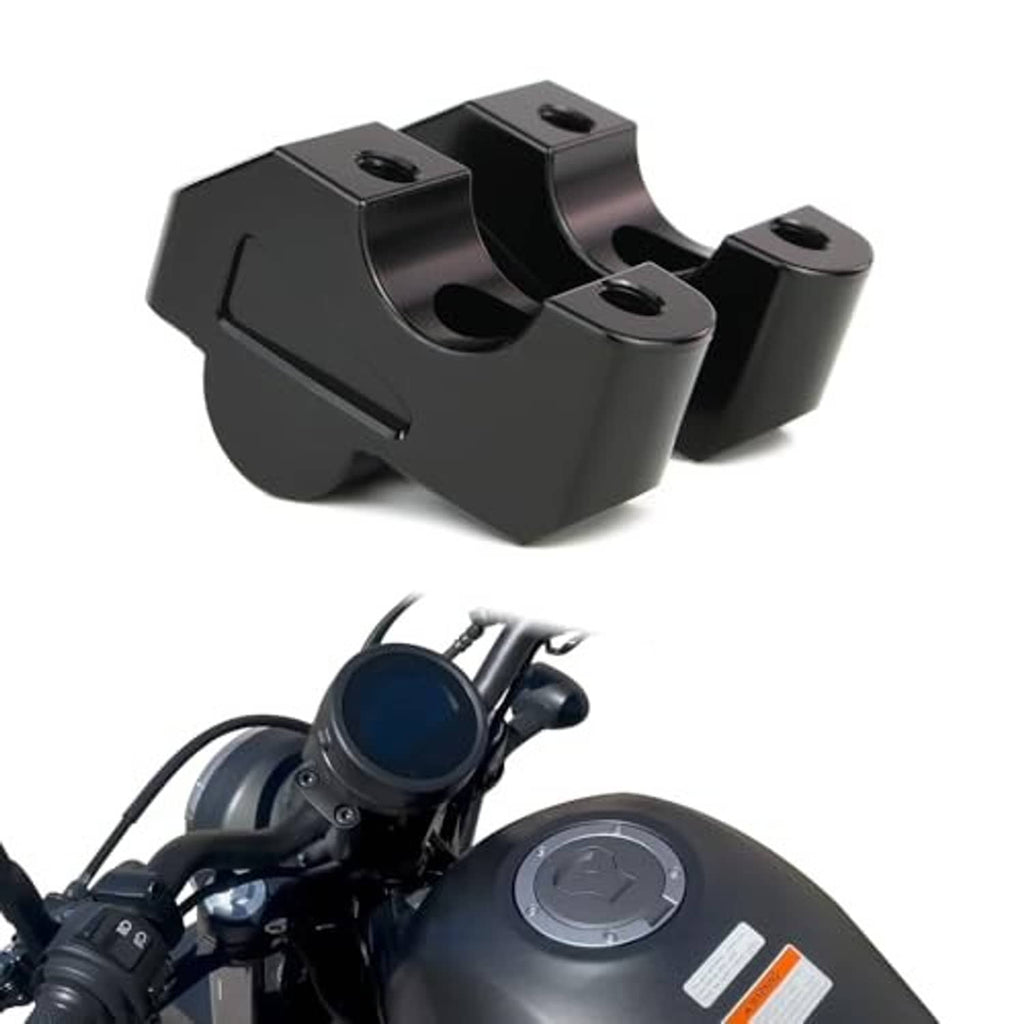 Black handlebar riser bracket pair with bolt holes and curved clamp openings