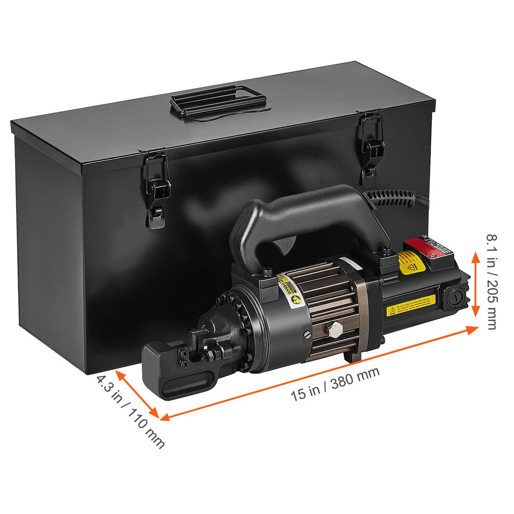 Electric hydraulic rebar cutter next to black metal toolbox in product setup view