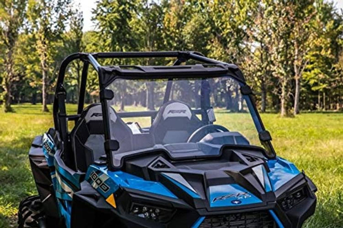 Front view of full UTV windshield, clear panels with black frame and side supports