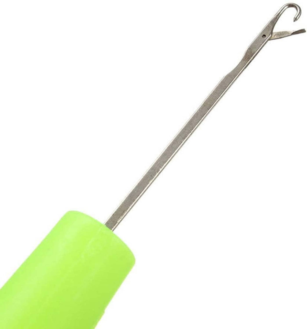 Latch hook crochet needle with lime green foam grip and silver metal hook