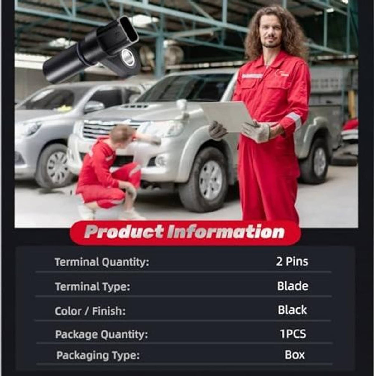 Engine camshaft position sensor product info panel, 2-pin terminal and black finish