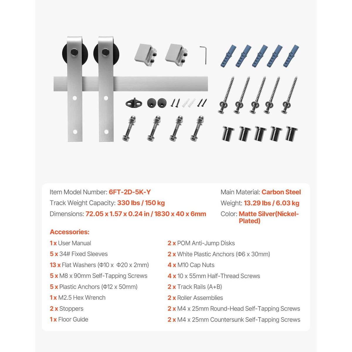Silver barn door hardware kit parts set: brackets, rollers, screws, and mounting accessories