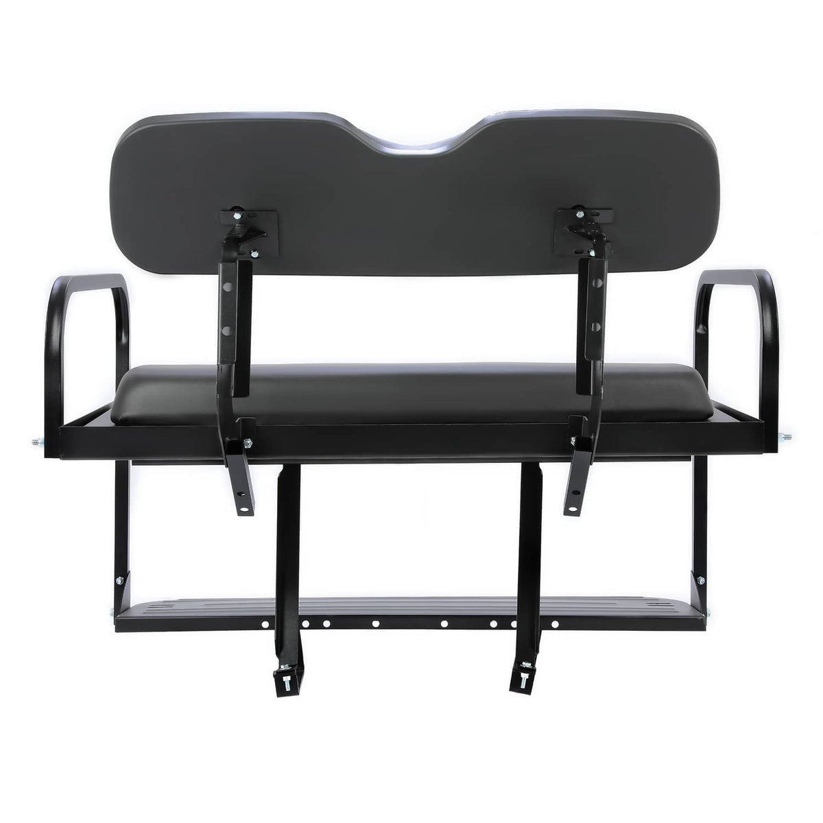 Black rear seat assembly with padded headrest and two armrest supports