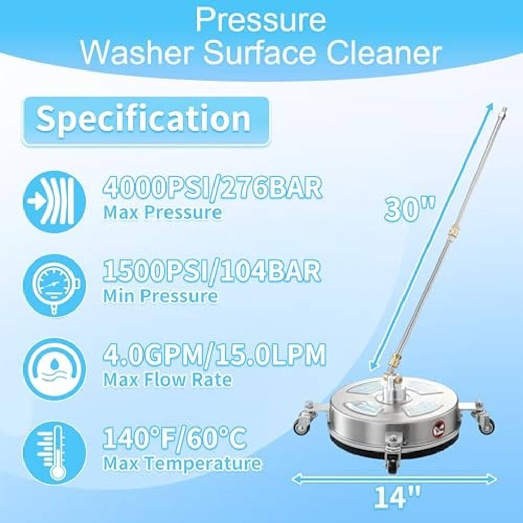 Stainless 14-inch surface cleaner with black bristle ring and two extension wands