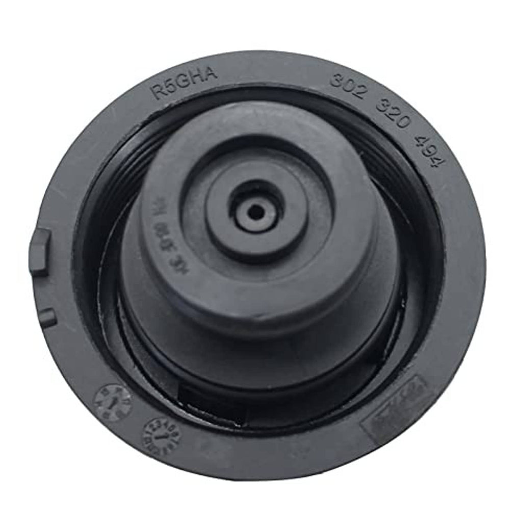 Coolant reservoir cap, black plastic with molded markings and central vent opening